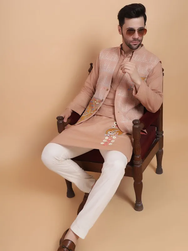 Peach_Chanderi_Silk_Straight_Fit_Embroidered_Kurta_Pyjama_Bandi_Set_For_Men