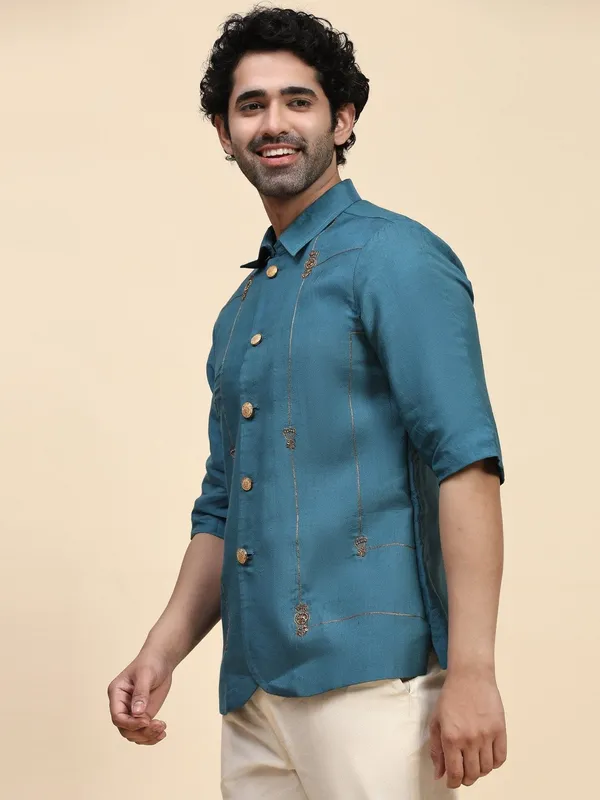 Teal_Chanderi_Silk_Embroidered_Short_Kurta_For_Men