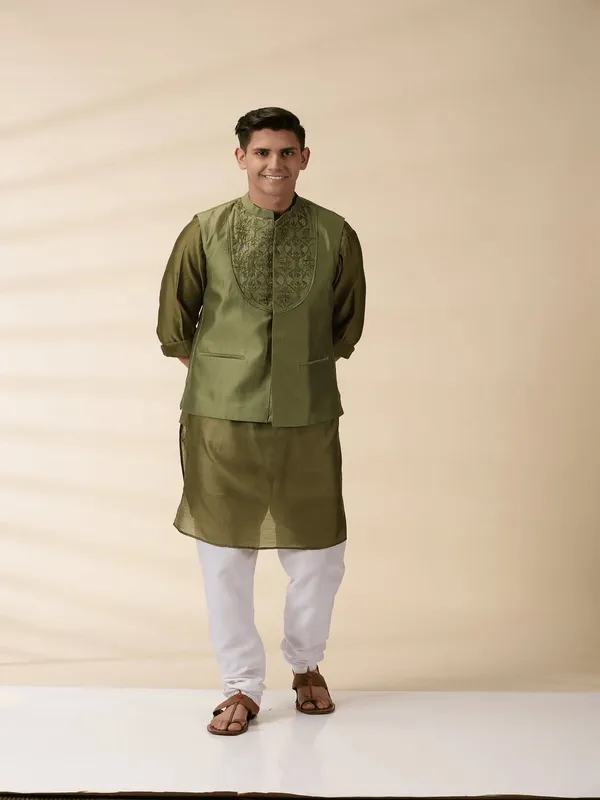 Olive_Chanderi_Silk_Straight_Fit_Embroidered_Kurta_Pyjama_Bandi_Set_For_Men