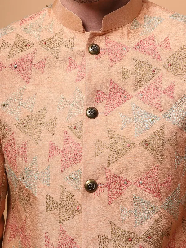Peach_Chanderi_Silk_Regular_Fit_Embroidered_Bandhgala_Jacket_For_Men