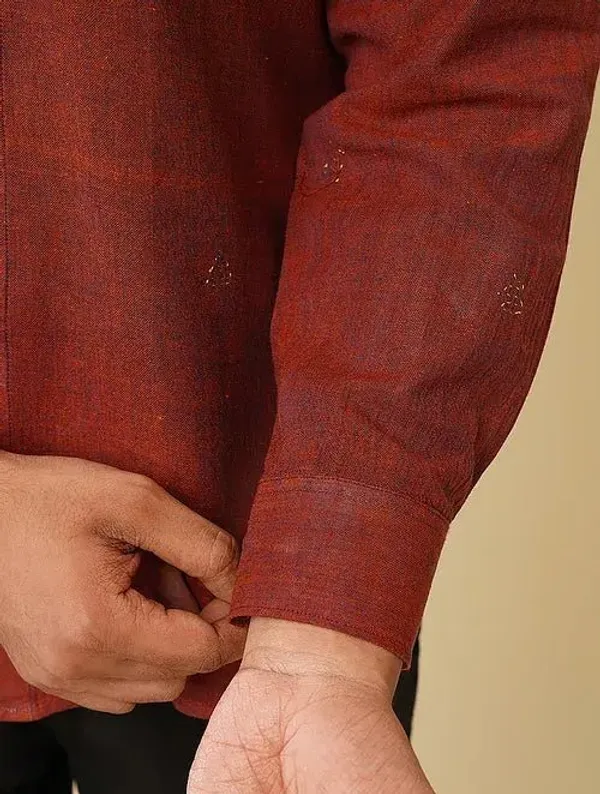 Rust_Khadi_Cotton_Regular_Fit_Band_Collar_Embroidered_Shirt_For_Men