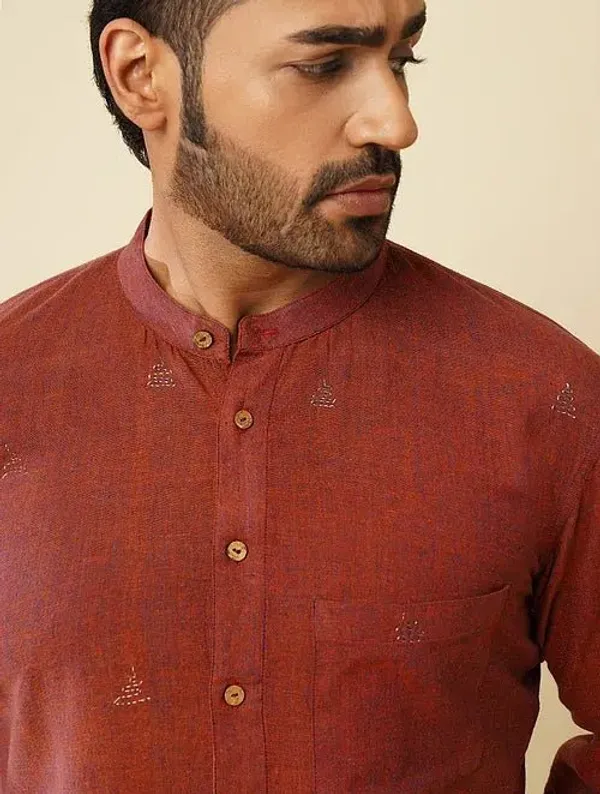 Rust_Khadi_Cotton_Regular_Fit_Band_Collar_Embroidered_Shirt_For_Men