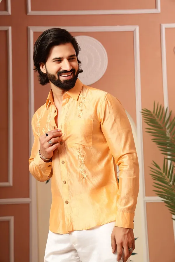 Peach_Chanderi_Silk_Regular_Fit_Floral_Embroidered_Shirt_For_Men