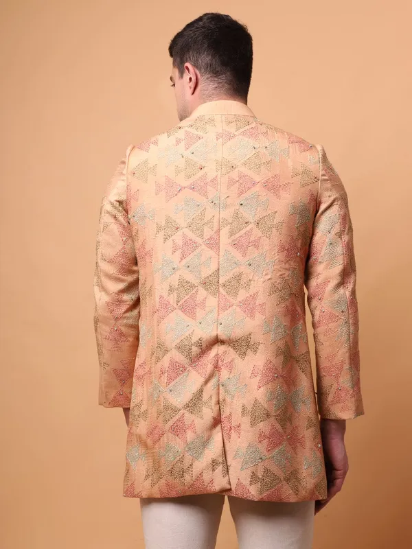 Peach_Chanderi_Silk_Regular_Fit_Embroidered_Bandhgala_Jacket_For_Men