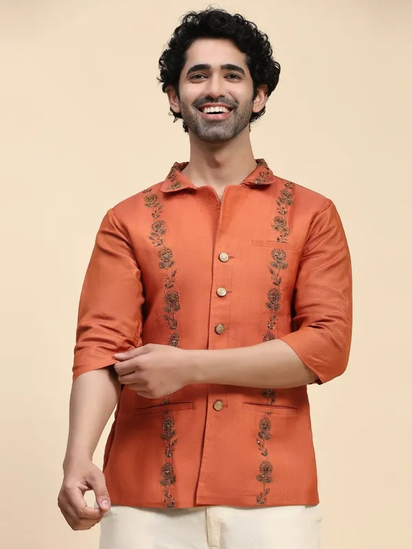 Orange_Chanderi_Silk_Regular_Fit_Embroidered_Ethnic_Jacket_For_Men
