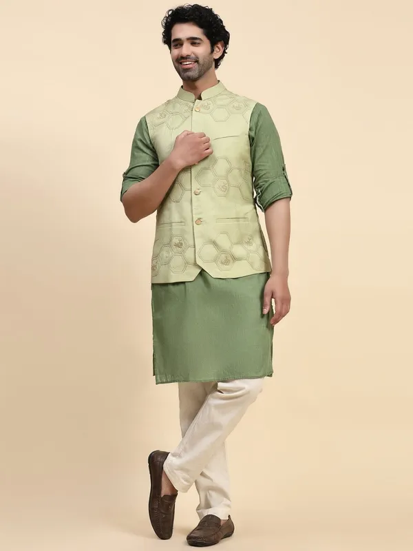Green_Cotton_Chanderi_Embroidered_Kurta_Jacket_Set_For_Men