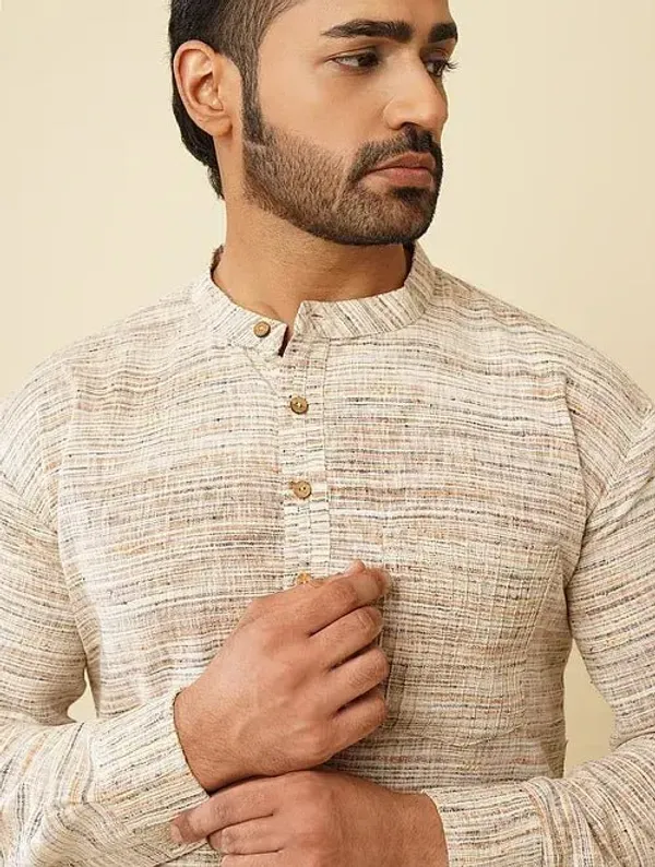 Beige_Khadi_Straight_Fit_Textured_Kurta_For_Men