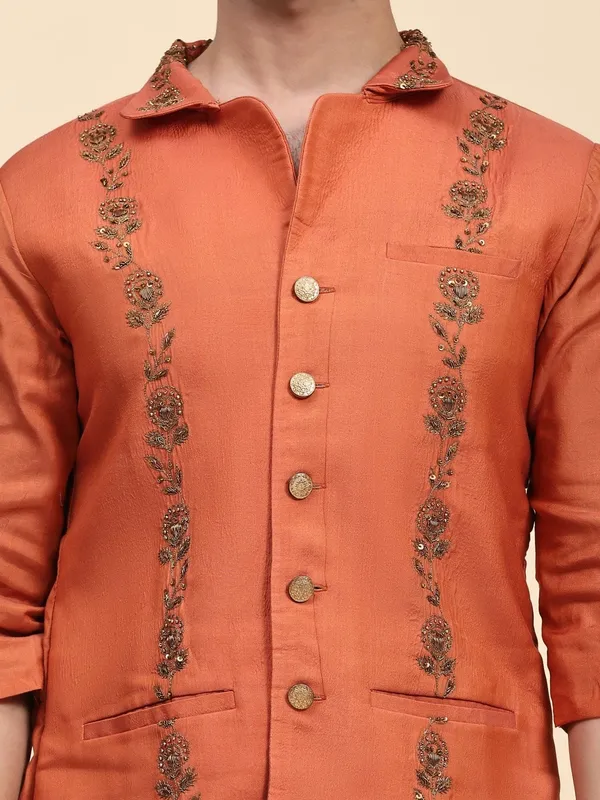 Orange_Chanderi_Silk_Regular_Fit_Embroidered_Ethnic_Jacket_For_Men