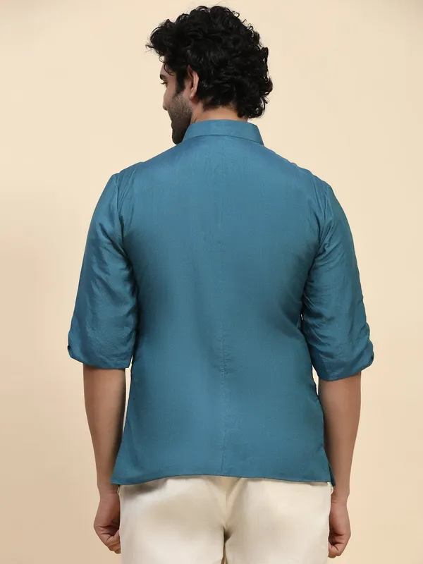Teal_Chanderi_Silk_Embroidered_Short_Kurta_For_Men