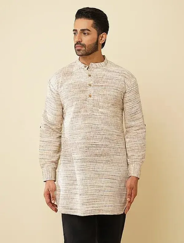 Beige_Khadi_Straight_Fit_Textured_Kurta_For_Men