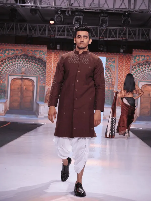 Brown_Cotton_Straight_Fit_Embroidered_Kurta_Dhoti_Set_For_Men