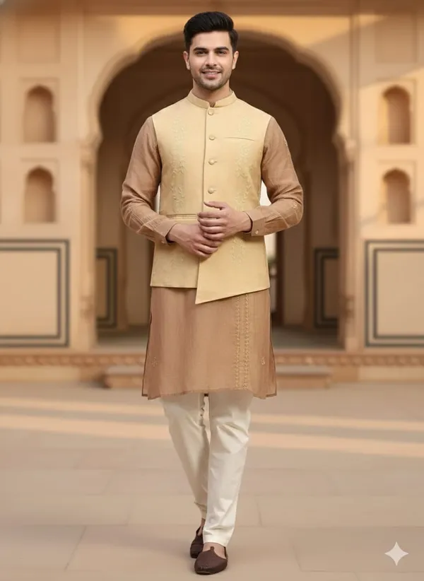 Beige_Chanderi_Silk_Embroidered_Nehru_Jacket_For_Men