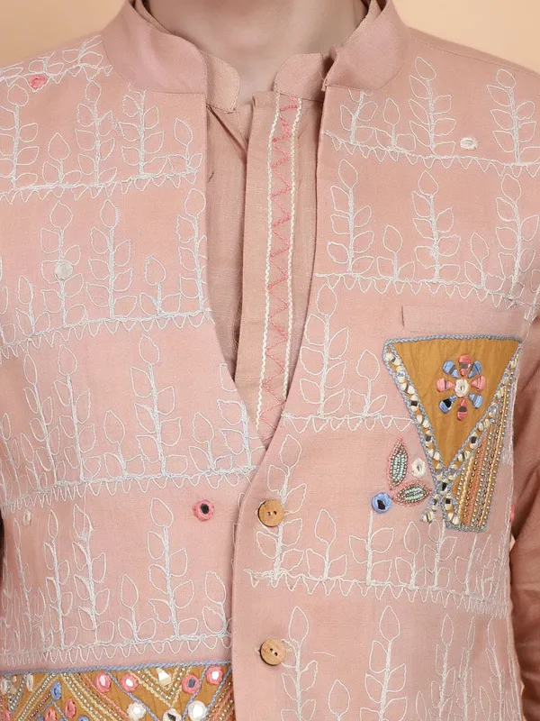 Peach_Chanderi_Silk_Straight_Fit_Embroidered_Kurta_Pyjama_Bandi_Set_For_Men