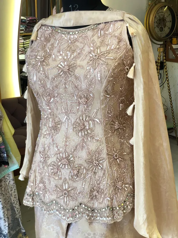 Champagne_Gold_Self_Silk_Peplum_Kurti_Set_For_Women