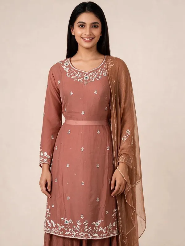 Sharara_Suit_Set_with_Bustier_for_Women_-_Light_Brown_Organza_Kundan_Work
