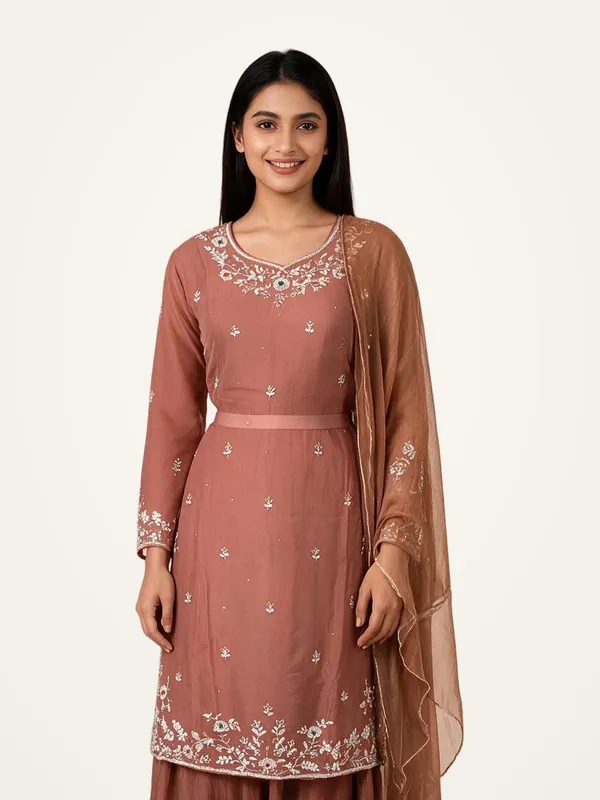 Sharara_Suit_Set_with_Bustier_for_Women_-_Light_Brown_Organza_Kundan_Work