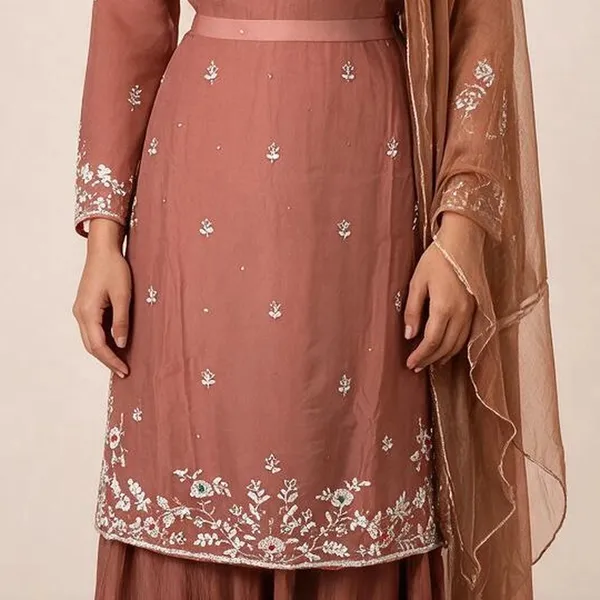 Sharara_Suit_Set_with_Bustier_for_Women_-_Light_Brown_Organza_Kundan_Work