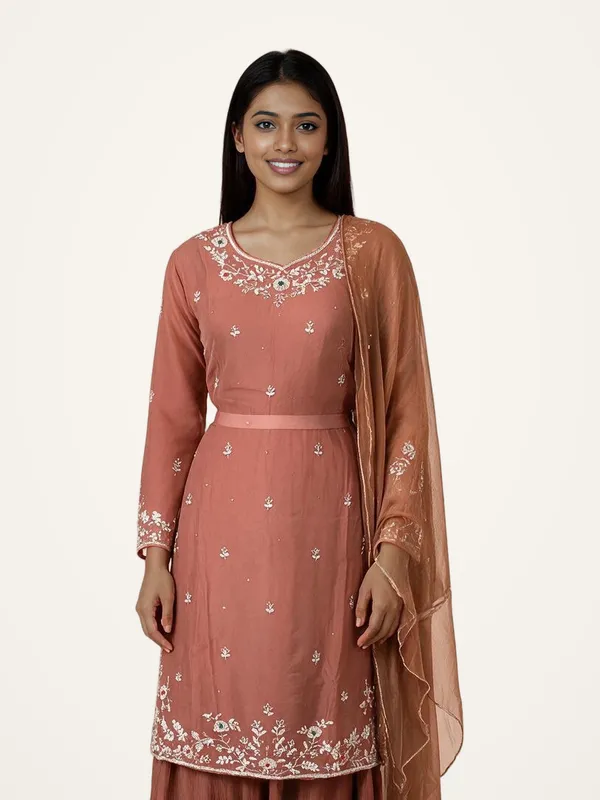 Sharara_Suit_Set_with_Bustier_for_Women_-_Light_Brown_Organza_Kundan_Work