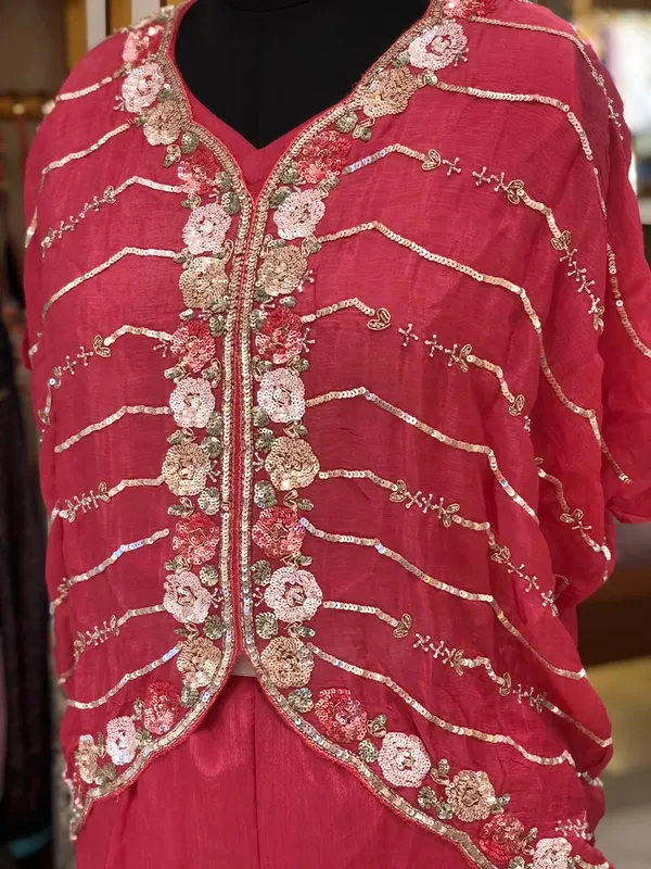 Red_Chinon_Embroidered_Jacket_Kurti_Pant_Set_For_Women