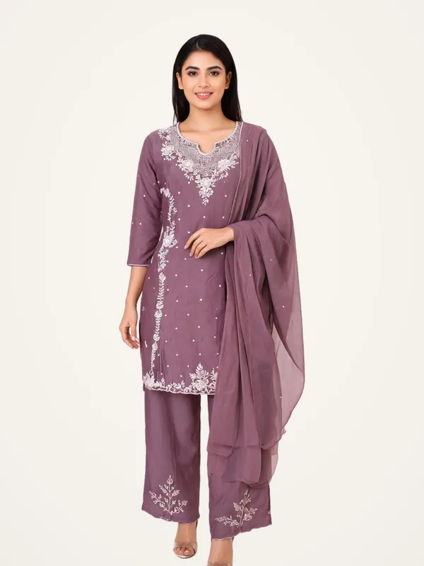 Kurti_Pant_Suit_Set_for_Women_-_Purple_Chinon_Hand_Work_|_Festive_Wear