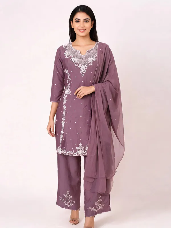 Kurti_Pant_Suit_Set_for_Women_-_Purple_Chinon_Hand_Work_|_Festive_Wear