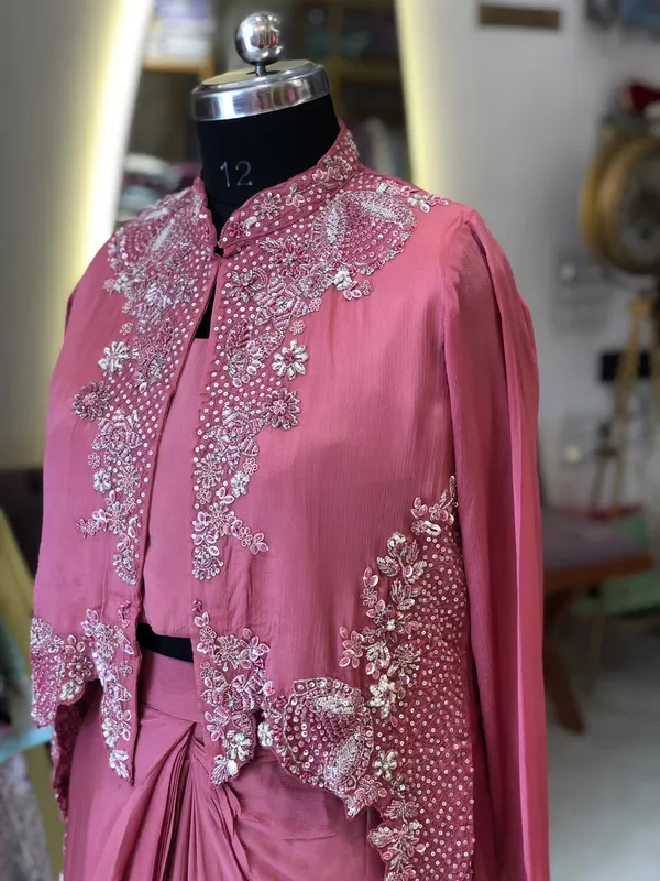 Pink_Chinon_Cape_Embroidered_Gown_Kurti_Set_For_Women