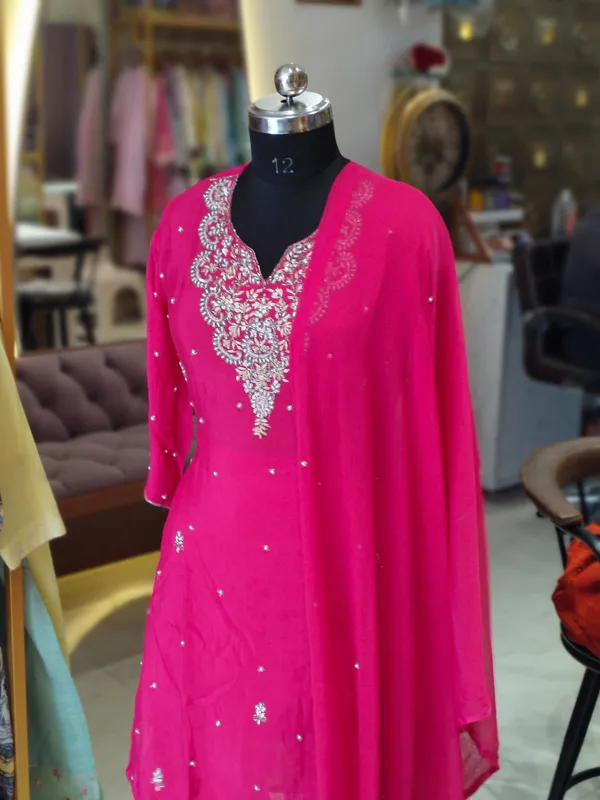 Magenta_Chinon_Embroidered_Kurti_Garara_Set_For_Women