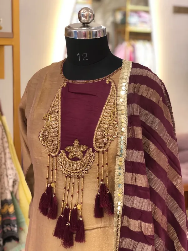 Beige_Shimmer_A-Line_Kurta_Pant_Set_For_Women