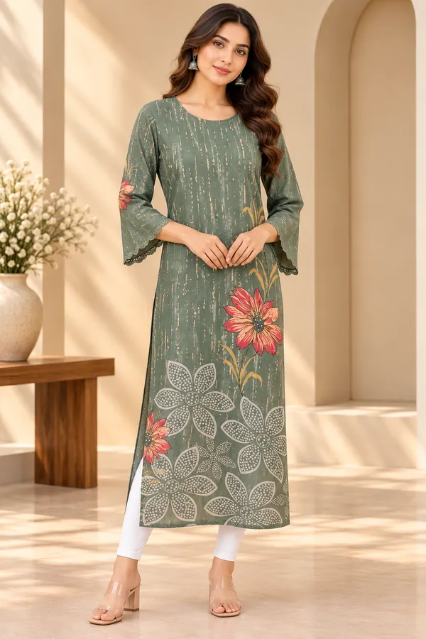 Green_Cotton_Hand_Work_Kurta_For_Women