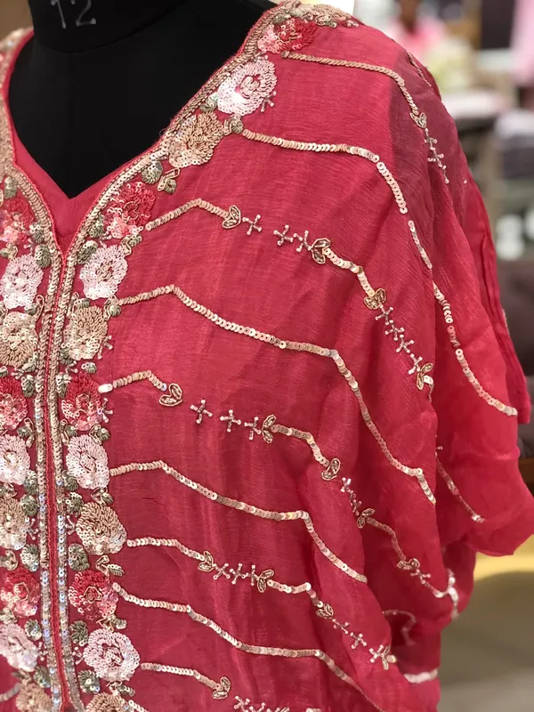 Red_Chinon_Embroidered_Jacket_Kurti_Pant_Set_For_Women