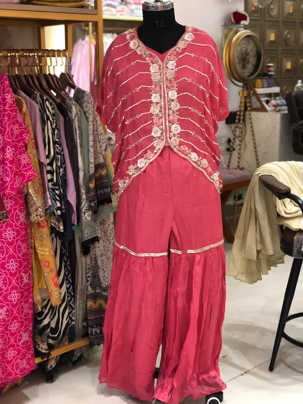 Red_Chinon_Embroidered_Jacket_Kurti_Pant_Set_For_Women