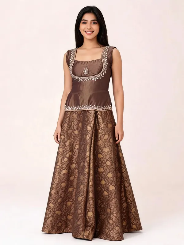 Co-ord_Set_for_Women_-_Brown_Shimmer_Hand_Work_with_Brocade_Pants_|_Party_Wear
