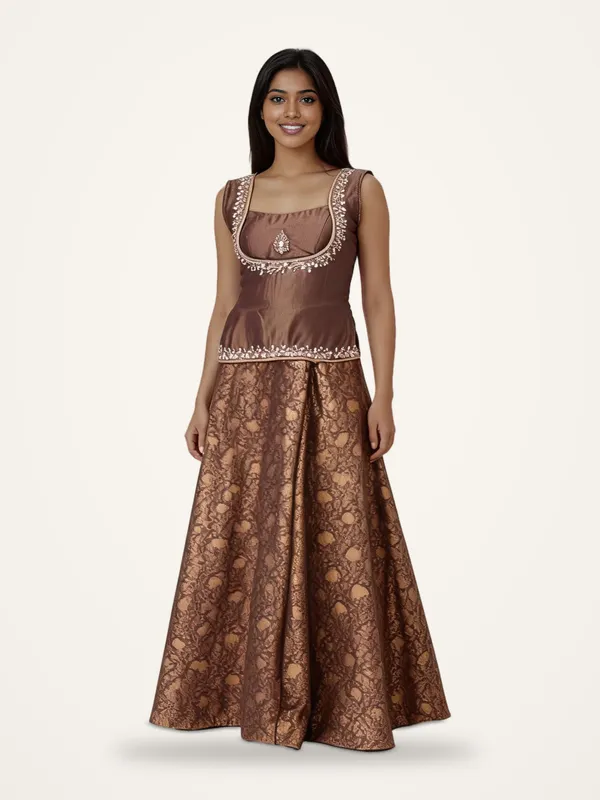 Co-ord_Set_for_Women_-_Brown_Shimmer_Hand_Work_with_Brocade_Pants_|_Party_Wear