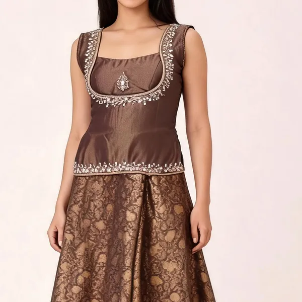 Co-ord_Set_for_Women_-_Brown_Shimmer_Hand_Work_with_Brocade_Pants_|_Party_Wear