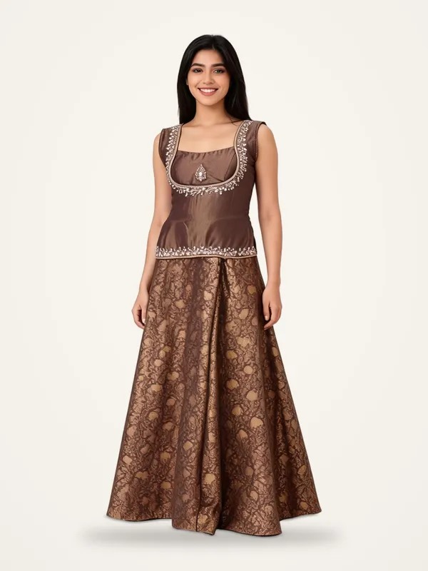 Co-ord_Set_for_Women_-_Brown_Shimmer_Hand_Work_with_Brocade_Pants_|_Party_Wear