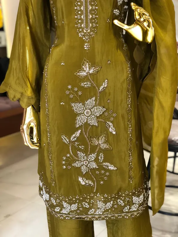 Olive_Green_Silk_Straight_Kurta_Pant_Dupatta_Set_For_Women