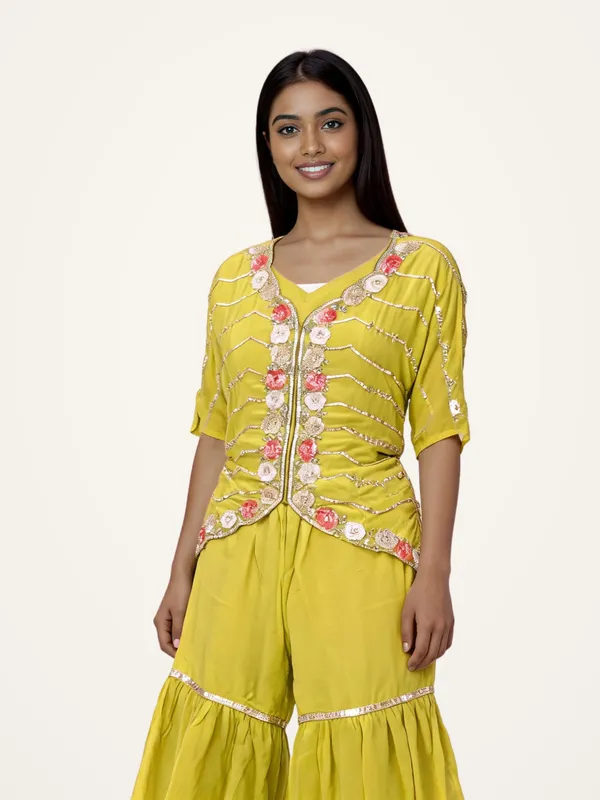 Jacket_Gharara_Set_for_Women_-_Light_Neon_Chinon_Designer_|_Party_Wear