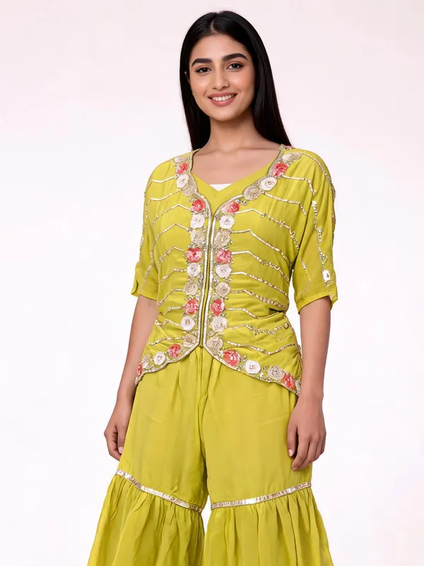 Jacket_Gharara_Set_for_Women_-_Light_Neon_Chinon_Designer_|_Party_Wear