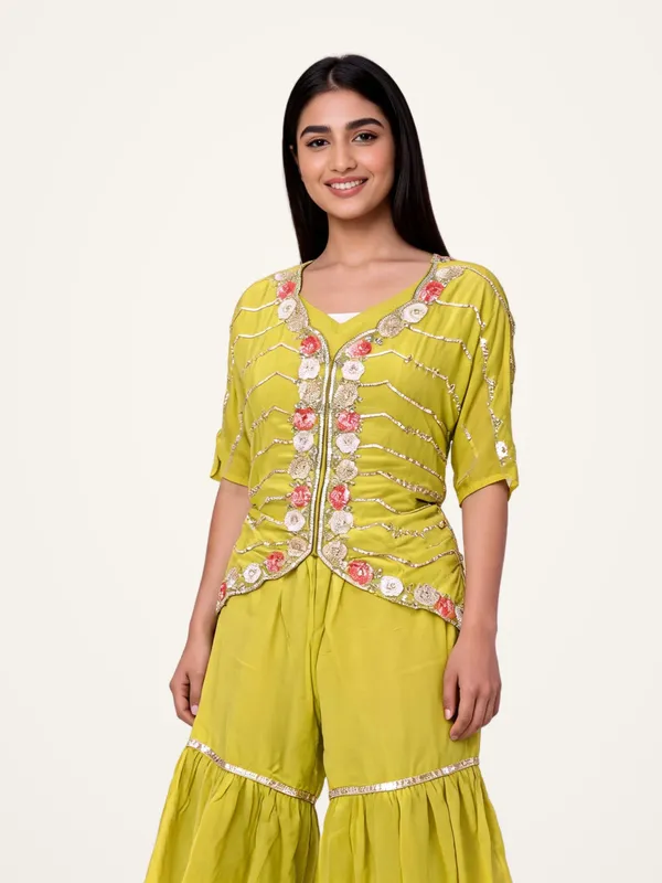 Jacket_Gharara_Set_for_Women_-_Light_Neon_Chinon_Designer_|_Party_Wear