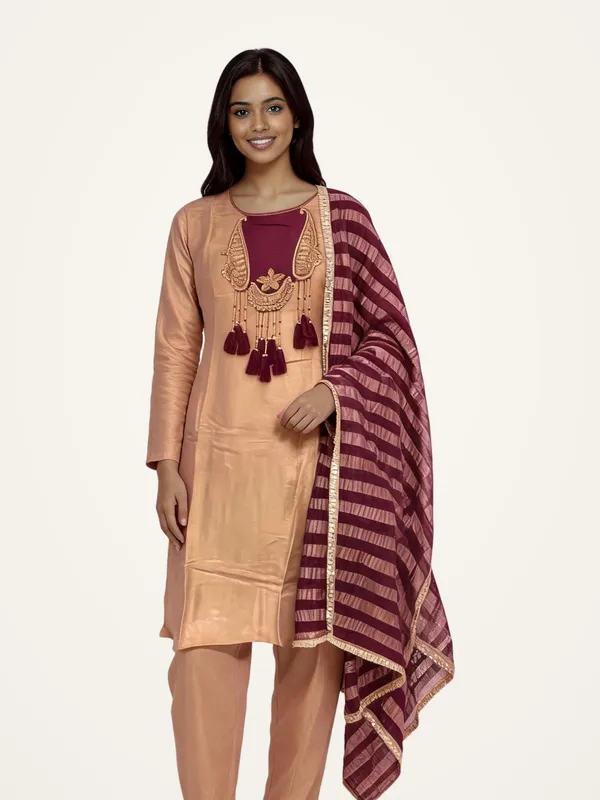 A-Line_Suit_Set_for_Women_-_Beige_Shimmer_with_Contrast_Dupatta_|_Festive_Wear