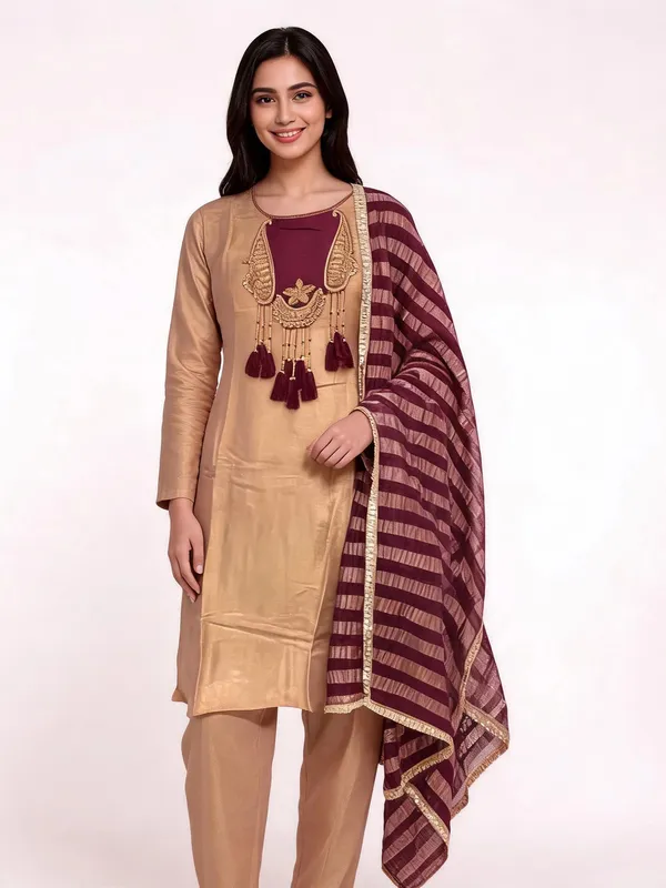 A-Line_Suit_Set_for_Women_-_Beige_Shimmer_with_Contrast_Dupatta_|_Festive_Wear
