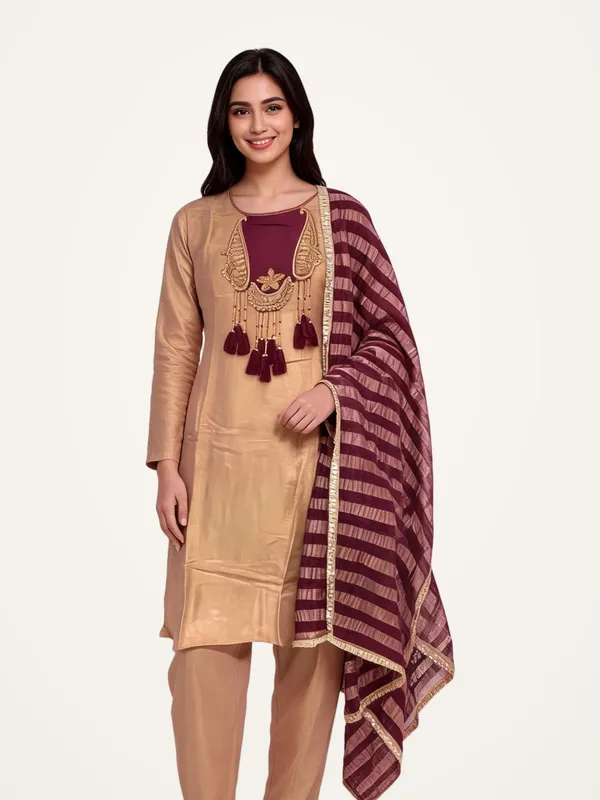 A-Line_Suit_Set_for_Women_-_Beige_Shimmer_with_Contrast_Dupatta_|_Festive_Wear