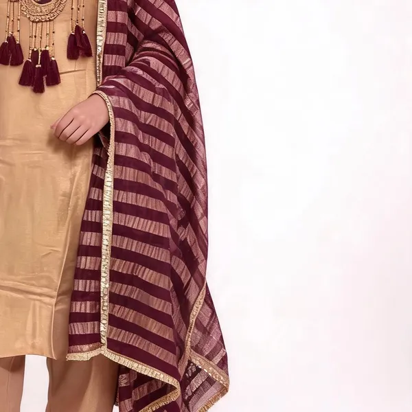 A-Line_Suit_Set_for_Women_-_Beige_Shimmer_with_Contrast_Dupatta_|_Festive_Wear