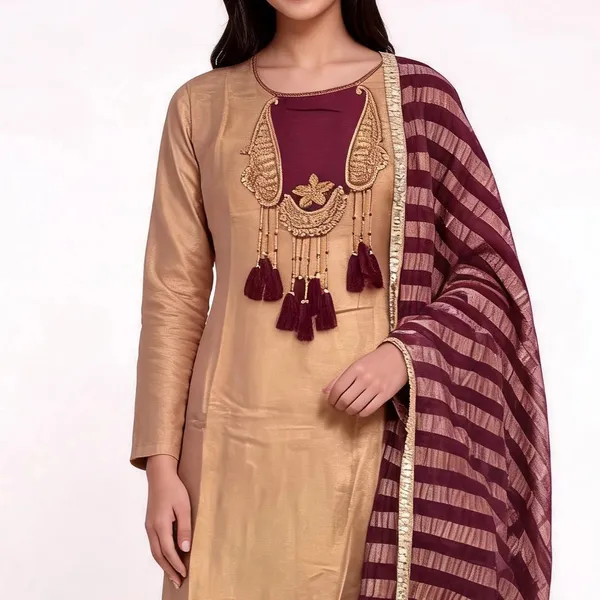 A-Line_Suit_Set_for_Women_-_Beige_Shimmer_with_Contrast_Dupatta_|_Festive_Wear