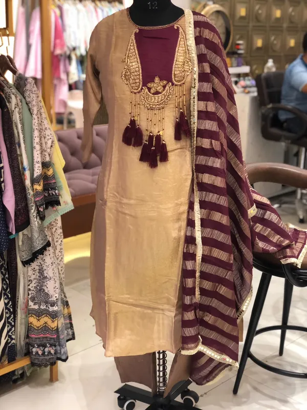 Beige_Shimmer_A-Line_Kurta_Pant_Set_For_Women