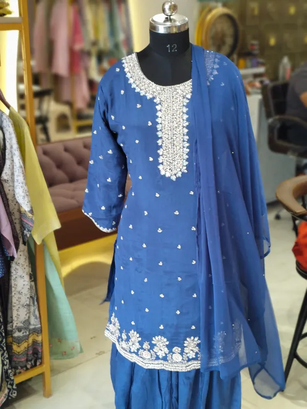 Royal_Blue_Chinon_Embellished_Short_Kurti_Sharara_Set_For_Women