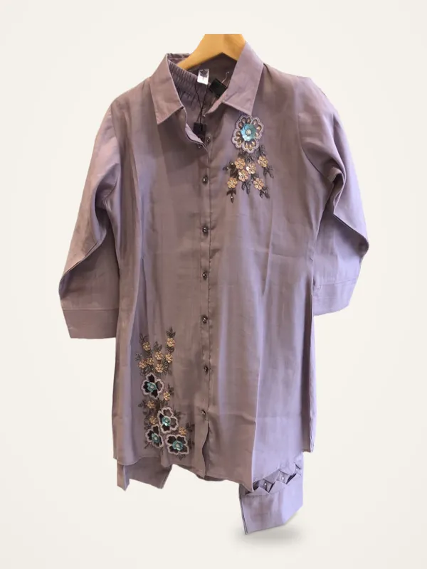Co-ord_Set_for_Women_-_Lavender_Cotton_Embroidered_Shirt_Style_|_Casual_Wear