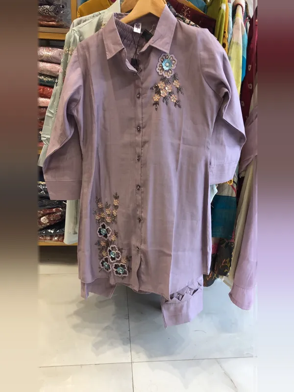Co-ord_Set_for_Women_-_Lavender_Cotton_Embroidered_Shirt_Style_|_Casual_Wear