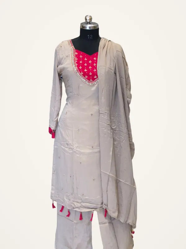 Palazzo_Suit_Set_for_Women_-_Beige_Chinon_with_Pink_Hand_Work_Neck_|_Festive