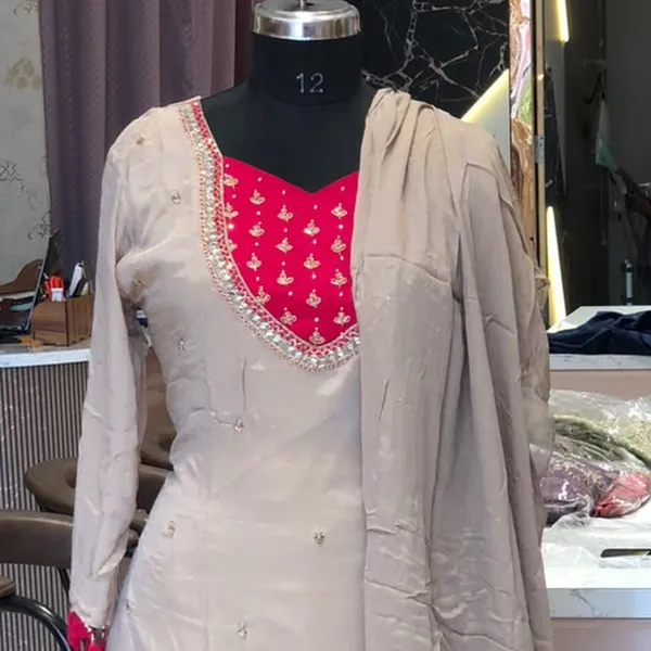 Palazzo_Suit_Set_for_Women_-_Beige_Chinon_with_Pink_Hand_Work_Neck_|_Festive